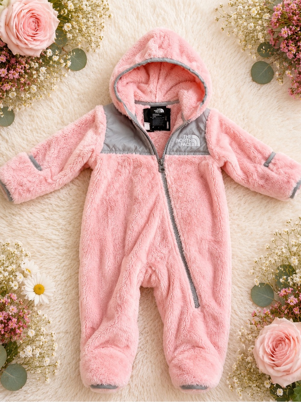 The North Face Pink Plush Hooded Infant One-Piece with Gray Accents